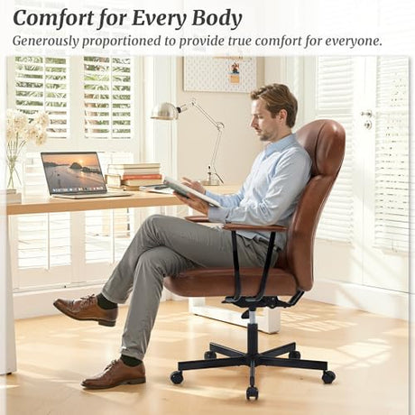 Cozyman High Back Office Desk Chair, Breathable Ergonomic Leather Chair with 5-Layer Seat Cushion with 135°Reclining Lumbar Support Adjustable Height Rolling Swivel Executive Armrests Chair, Brown Cozyman