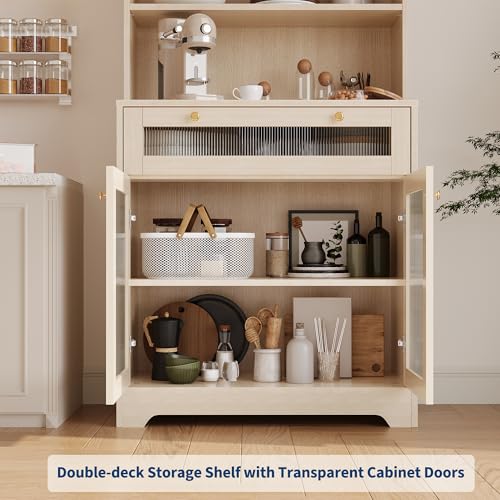 MilleLoom 62" Pantry Cabinet with Storage Drawers, Farmhouse Kitchen Hutch Bar Cabinet with 3-Tier Open Shelf & Microwave Stand, Kitchen Cupboard with Glass Door for Dining/Living Room, Wood MilleLoom