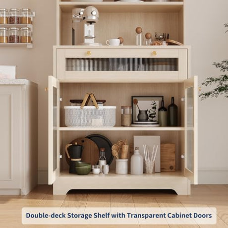 MilleLoom 62" Pantry Cabinet with Storage Drawers, Farmhouse Kitchen Hutch Bar Cabinet with 3-Tier Open Shelf & Microwave Stand, Kitchen Cupboard with Glass Door for Dining/Living Room, Wood MilleLoom