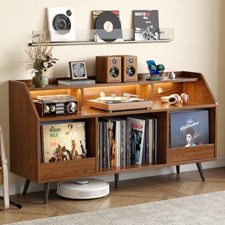 55 Inch Record Player Stand with LED Light, Modern Vinyl Record Storage Cabinet with 2 Drawers & Open Shelves, Holds up to 500 Albums, Turntable Stand w/Charging Station for Living Room Bedroom Walnut ONBRILL