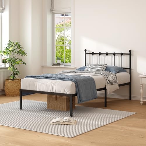 Kujielan Twin Size Bed Frame with Modern Headboard, Metal Platform Bed Base with Strong Support, No Box Spring Needed, Easy Assembly, Noise Free，Black Kujielan