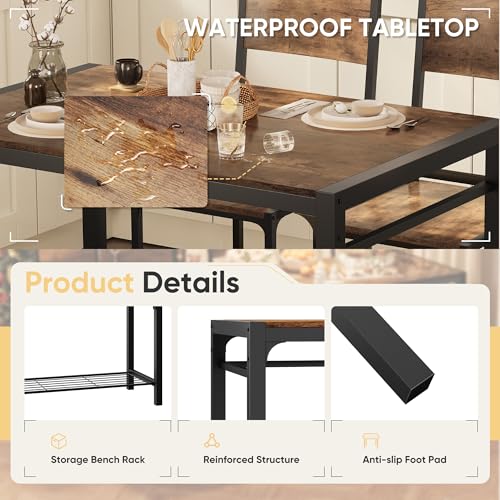Shahoo Kitchen Table and 2 Chairs for 4 with Bench, 4 Piece Dining Sets for Small Space, Rustic Brown Shahoo