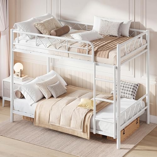 Garvee Twin Over Twin Bunk Bed with Stairs, Heavy Duty Metal Construction & High Guardrail, Sturdy Steel Slats Support, No Box Spring, Space Efficient, White Garvee
