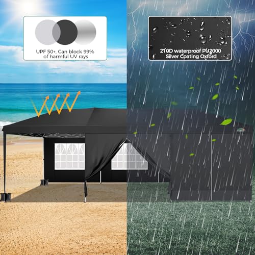 COBIZI 10x30 Canopy Party Tent with 8 Walls 10x30 Pop Up Canopy for Parties Waterproof UPF 50+ Outdoor Commercial Event Tent for Party Backyard Gazebo Canopy with Sidewalls & Sandbags(Black,10x30ft COBIZI