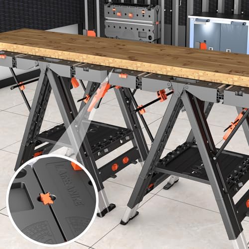 LARBANKE Combined Portable Folding Work Table,2-in-1 Sawhorse & Workbench,Waterproof Workbench with Extra Load Capacity with 8 Woodworking Clamps,8 Connecting Blocks,4 Limit Blocks LARBANKE