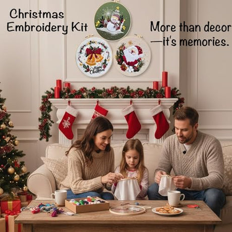 Nalexmi 3 Sets Christmas Embroidery Kits for Adults and Beginners, Cross Stitch with (Snowman, Santa Claus, Jingle Bell Patterns) Includes Needles, Threads, Tools Nalexmi
