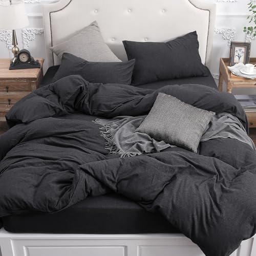 PURE ERA Jersey Knit Duvet Cover Set 100% T-Shirt Cotton Super Soft Comfy 3pc Bedding Set with Zipper Closure (Heather Charcoal Grey, Queen) PURE ERA