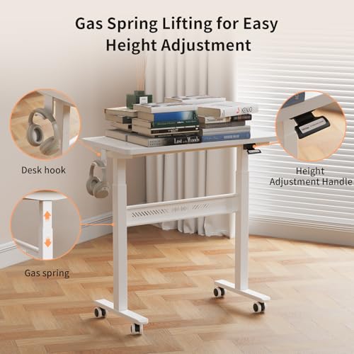 HitGo Mobile Standing Desk with Wheels, 32 inch Pneumatic Height Adjustable Desk for Walking Pad, Small Rolling Computer Workstation, Portable Sit Stand Desk for Home Office, 28-43" Tall, White HitGo