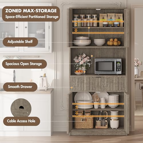 IDEALHOUSE Tall Storage Cabinet, 70" Kitchen Pantry Cabinet with Doors, Fluted Kitchen Hutch Cupboard with Microwave Shelf & Drawer, Freestanding Cupboard for Dining Room, Living Room, Gray IDEALHOUSE