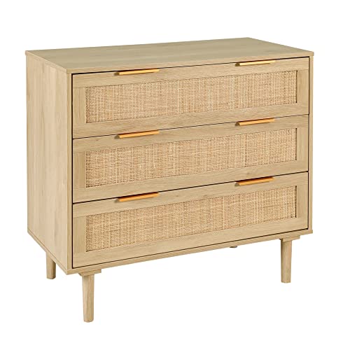 HOPUBUY 3 Drawer Dresser for Bedroom, Rattan Dresser Modern Closet Dressers Chest of Drawers, Wood Oak 3 Drawer Storage Chest for Bedroom, Hallway, Living Room HOPUBUY