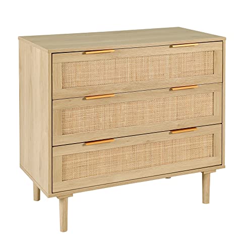 HOPUBUY 3 Drawer Dresser for Bedroom, Rattan Dresser Modern Closet Dressers Chest of Drawers, Wood Oak 3 Drawer Storage Chest for Bedroom, Hallway, Living Room - WoodArtSupply