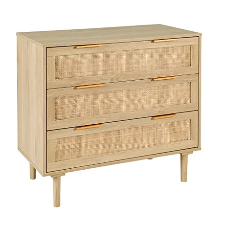 HOPUBUY 3 Drawer Dresser for Bedroom, Rattan Dresser Modern Closet Dressers Chest of Drawers, Wood Oak 3 Drawer Storage Chest for Bedroom, Hallway, Living Room HOPUBUY