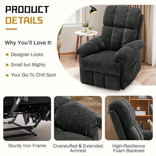 Korser Recliner Chair, Living Room Recliner Chairs for Adults, Small Recliners for Small Spaces, Upholstered Manual Recliner with Side Pockets, Modern Nursery Chair for Living Room, Chenille, Black
