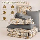 Dinjoy Boho Comforter Set Queen,Beige Brown Bedding Paisley Floral 7 Piece Bed in a Bag Reversible Lightweight Bohemain Comforters with Sheet Sets for All Season Dinjoy