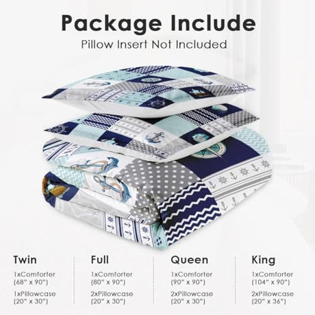 WeCozy Twin Size Comforter Set with Pillowcase, Nautical Blue Marine Summer 2 Pcs Bedding for Kids and Adults, Sea Ocean Boat Plaid Soft Comforter Set for Bedroom Bed Decor WeCozy