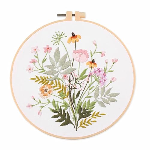 Meecaa Yellow Flower Leaves Embroidery Kit Starter Set, Hand Embroidery Set,Pattern Printed Cross Stitch Set for Beginner Adults, with Embroidery Hoop and Instructions (Flower 1)