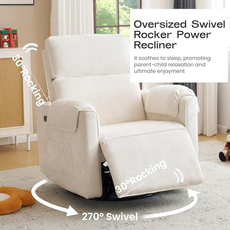 RUTOX Oversized Power Recliner Chair Swivel Glider with Adjustable Headrest, 26" Extra Wide Glider Nursery Chair with Overstuffed Armrest, USB Ports, Chenille Fabric, Cream RUTOX