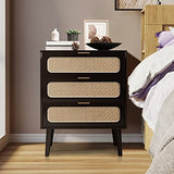 QHITTY Drawer Dresser Set of 2, Rattan Chest of Drawers with 3 Drawers Dresser, Accent Storage Cabinet Modern Bedside Table for Living Room, Bedroom, Entryway (Black) QHITTY