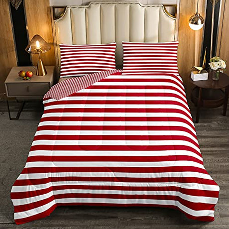 Girl Stripe Comforter Set Twin Size Red White Ticking Stripes Bedding Set Bedroom Decor Horizontal Striped Lines Reversible Down Comforter for Kids Women Modern Abstract Soft Lightweight Duvet Set Erosebridal