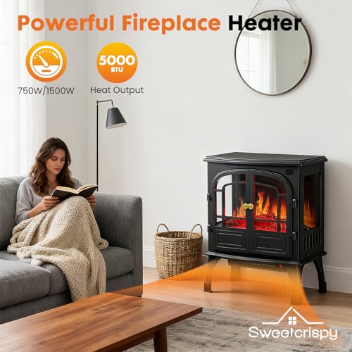 Sweetcrispy Freestanding Electric Fireplace Heater, 26”Two Door Fireplace with 3D Flame Effect, Overheating Safe Design, Energy Saving Space Heater with 12H Timer&Remote for Living Room, Bedroom,Black Sweetcrispy
