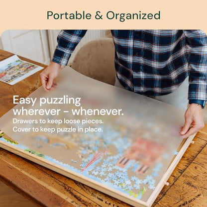 PLAYVIBE Rotating Jigsaw Puzzle Board with Drawers 1000 Piece – Puzzle Table with Cover, 4 Drawers, 22 1/4” x 30" – Wooden Puzzle Organizer – Puzzle Accessories