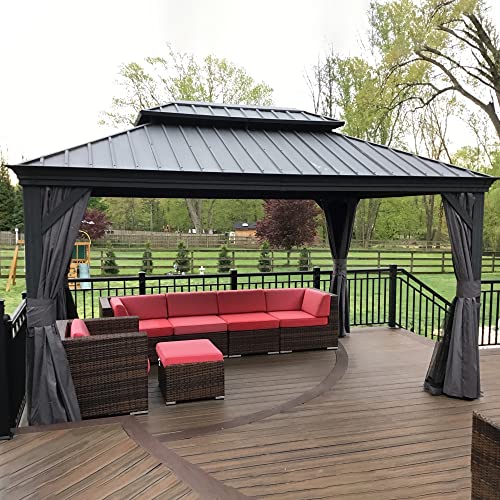 PURPLE LEAF 10' X 14' Permanent Hardtop Gazebo Aluminum Gazebo with Galvanized Steel Double Roof for Patio Lawn and Garden, Curtains and Netting Included, Grey PURPLE LEAF
