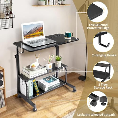 Karl home 31.5" Portable Rolling Desk on Wheels,Height Adjustable Standing Desk with 2 AC Outlets/3 USB Ports,Mobile Laptop Table with Hooks and Storage Shelves for Home Office，Black Karl home