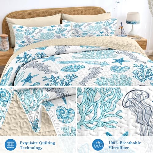 Pamnest Quilt Set Twin Size, Ocean Beach Nature 2 Pcs Soft Bed Cover Bedding Set, Sea Animal Coastal Lightweight Bedspread Coverlet with Pillow Sham for All Season Pamnest
