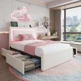 LoVinson Twin Size Bed Frame with 4 Storage Drawers, Charging Station and LED Light, Adjustable Upholstered Headboard, Noise-Free, No Box Spring Needed, Easy Assembly, White LoVinson