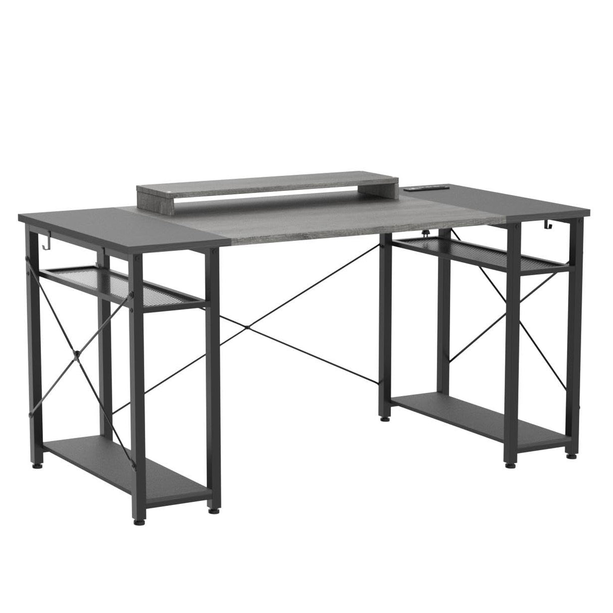 armocity Computer Desk with LED Lights, 55 Inch Desk with Power Outlet and USB, Reversible Large Desk with Moveable Monitor Stand, 55.2'' Gaming PC Table for Home Office, Workstation, Grey and Black armocity