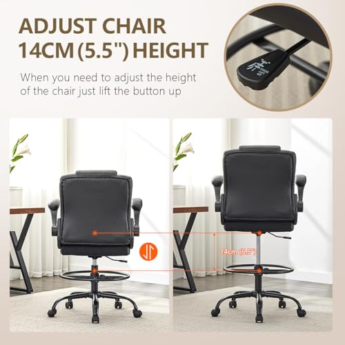 500 lbs Drafting Chair Tall Office Chair with Flip-up Armrests for Standing Desk Executive Ergonomic Computer Leather Desk Chair with Lumbar Support, Adjustable Foot Ring for Home or Drawing Use BOSMILLER