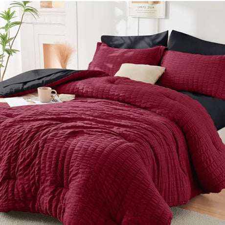 HYMOKEGE Red & Black Queen Comforter Set Seersucker 7 Pieces, All Season Luxury Bed in a Bag for Bedroom, Bedding Set with Comforters, Sheets, Pillowcases & Shams HYMOKEGE