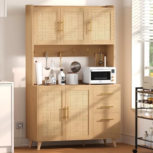 Rovaurx 70.9" Kitchen Pantry Cabinet with Microwave Shelf, Rattan Kitchen Hutch Cabinet with Charging Station, Tall Floor Cupboard Cabinet with Drawers and Doors, Natural KBG002ME Rovaurx
