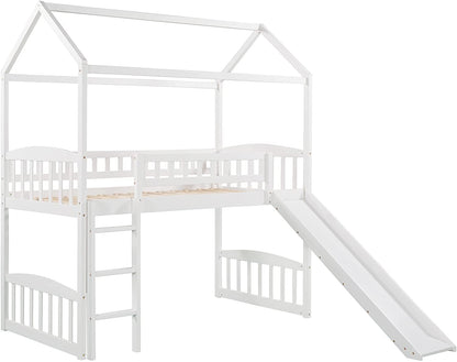 DNYN Twin Size Loft Bed with Slide and Guardrail - Elegant House-Shaped Solid Wood Frame in White - WoodArtSupply