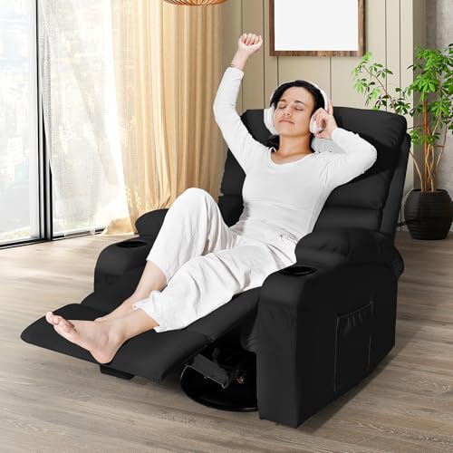 LAFWELL Rocking Recliner Chair, Massage Rocker Recliner Chair with Vibration Massage and Heat, 360° Swivel Faux Leather Chairs, Living Room, Bedroom, Nursery, RV, Black