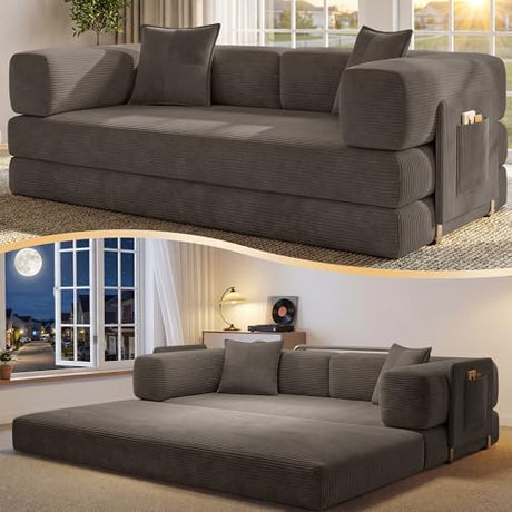 CUBENTE 78.8" Convertible Futon Sofa Bed,Corduroy Futon Couch with Storage Pocket,Folding Pull Out Sofa,No Assembly Boneless Couch for Living Room,Brown CUBENTE