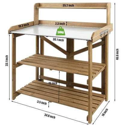 PetsCosset Folding Garden Potting Bench Table，Outdoor Wooden Work Station W/Metal Table Top,2 Tier Open Storage Rack,Top Shelf-Natural Stained - WoodArtSupply