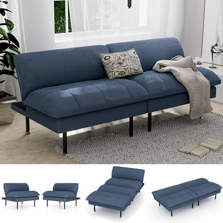 Ribilake 70" Futon Sofa Bed, 4 in 1 Multi-Function Couch Sleeper with Adjustable Backrest, Modern Convertible Futon, Recliner Small Loveseat for Living Room, Dorm, Blue Ribilake