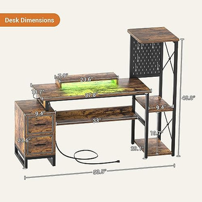 Computer Desk with 2 Fabric Drawers - Reversible Home Office Desk with Power Outlet & LED Lights, 53" Writing Desk with Monitor Stand & Storage Shelves, Gaming Desk with Pegboard, Rustic Brown