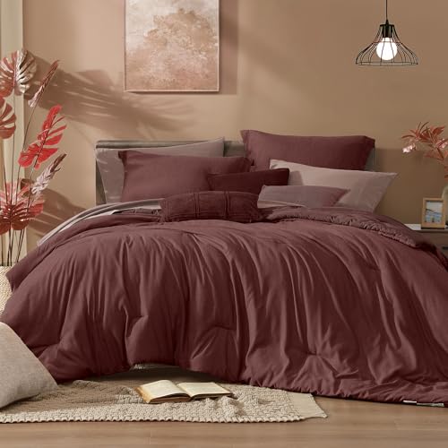 Monbix Queen Comforter Set - 7 Pieces Cationic Dyeing Dark Red Bed in a Bag Queen Bedding Sets with Comforter, Sheets, Pillowcases & Shams, Reversible Bedding Comforters Sets Monbix