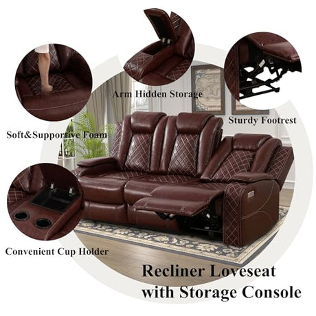 Ocstta Breathing Leather Power Recliner Sofa Set, Reclining Couch Set with LED Light/Cup Holders/Storage, 3 Piece Living Room Set 3 Seat Sofa Loveseat and Chair for Home Theater (Auburn) Ocstta