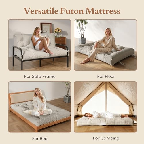 Furnify 6" Futon Mattress Queen Size, Futons Sofa Couch Bed with Straps, Thick Corduroy Fabric Floor Mattress for Adults, Foldable Mattress with Shredded Foam Filling (Frame Not Included), Beige Furnify