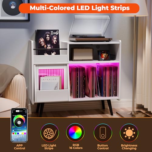 Loomie Large White Record Player Stand with Sliding Door,350 Vinyl Record Storage Cabinet, Record Player Table with Power Outlet and LED Light,Turntable Stand with Wood Legs for Living Room Loomie