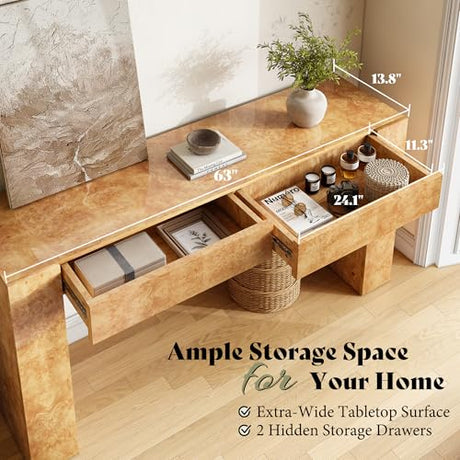 AMERLIFE 63" Burl Wood Console Table, Modern High Gloss Entryway Table with 2 Storage Drawers, Long Sofa Table Behind the Couch for Entrance, Hallway, Foyer, Living Room, Natural AMERLIFE