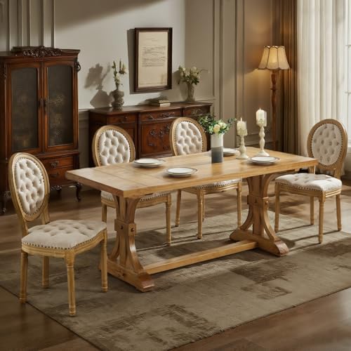 SoarFlash French Velvet Dining Chairs Set of 6, Vantage Dining Chair with Round Back, Wood Leg Farmhouse Country Dining Chair for Kitchen,Bedroom,Beige SoarFlash