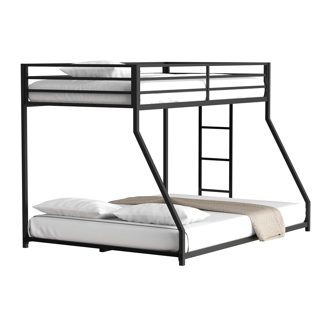 Adam Twin Over Full Bunk Bed with Trundle, Heavy-Duty Metal Triple Bunk Beds with Side Ladders & Safety Guard Rail, 3 in 1 Bunk Beds for Kids Teens, No Box Spring Needed,Easy to Assemble,Black