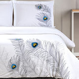 100% Cotton, 3-Piece King/California King, Single Ply, Soft, Embroidered Peacock Duvet Cover Set, Silver Superior