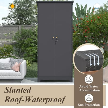 GREATMEET 72.8" Outdoor Broom Storage Cabinet, Waterproof Outdoor Narrow Storage Shed, Metal Storage Cabinets for Cleaning Supplies with Slanted Roof, Utility Closet, Broom Mop Storage Cabinet, Grey GREATMEET