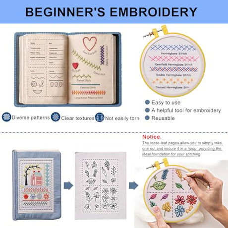 100 PCS Complete Embroidery Stitch Book Kit with Includes Step-by-Step Instructions, Hoops, Threads, Needles & Fabric, All-in-One Portable Starter Set for Adult Beginners & DIY Craft Enthusiasts Losaria