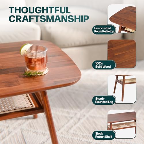 Bme Nancy Solid Acacia Wood Coffee Table for Living Room, Spacious Oval-Shaped 237 Lbs Top Capacity, Rattan Shelf Below, Mid Century, Rustic and Modern Style Living Room Furniture, Dark Chocolate Bme